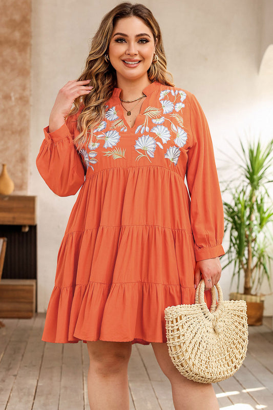 Orange Plus Size Embroidered Tiered Ruffle Dress