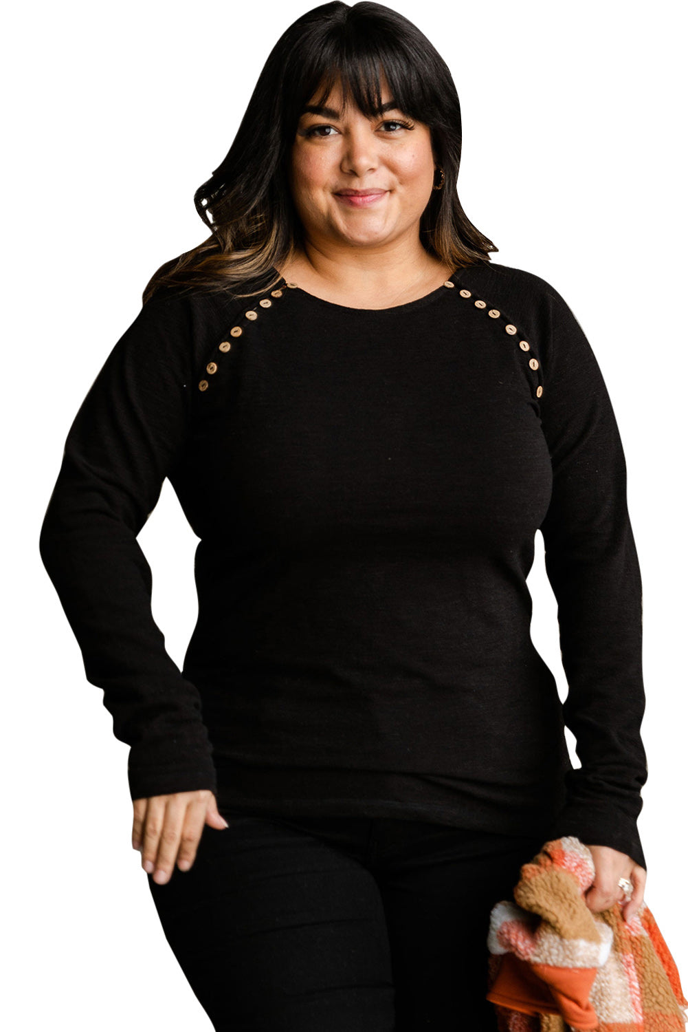 Black Plus Size Solid Buttons Long Sleeve Top