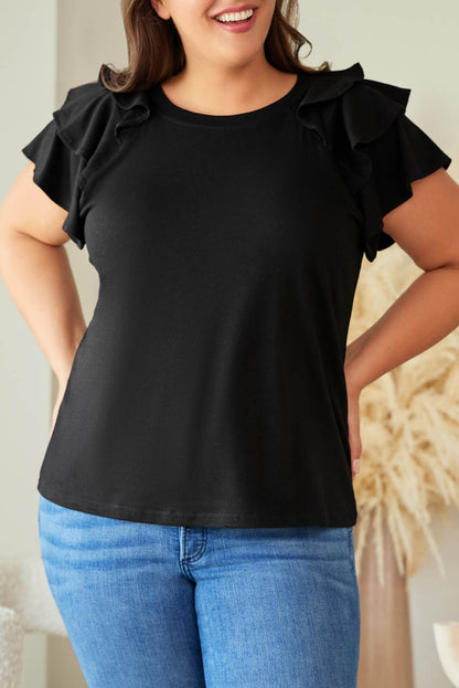 Black Solid Color Ruffle Tiered Sleeve Plus Size Tee