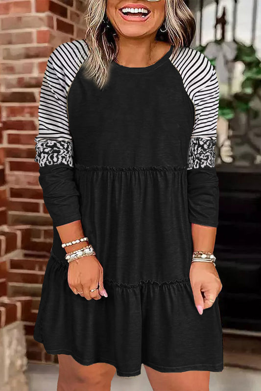 Black Plus Size Striped Leopard Patch Sleeve Ruffle Tiered Dress