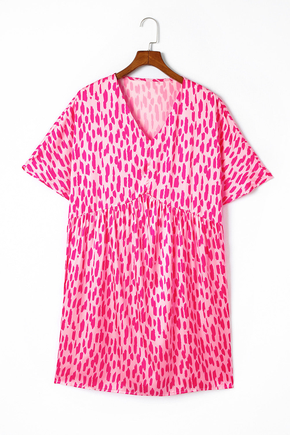 Pink Leopard Print V Neck Plus Size Mini Dress