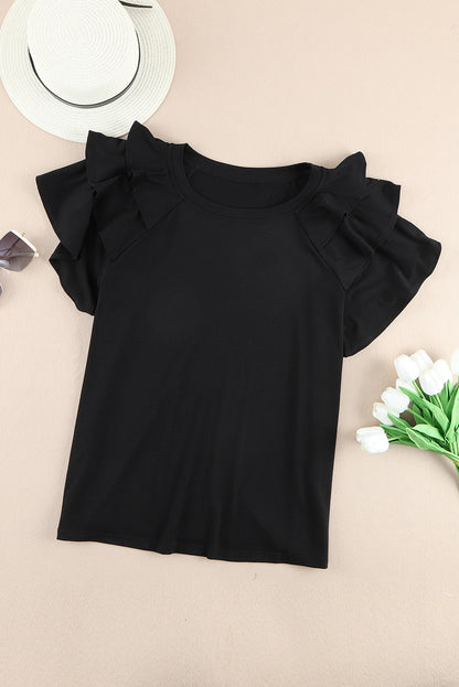 Black Solid Color Ruffle Tiered Sleeve Plus Size Tee