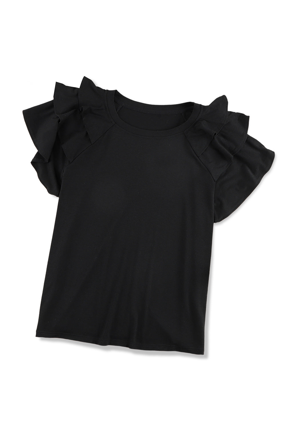 Black Solid Color Ruffle Tiered Sleeve Plus Size Tee