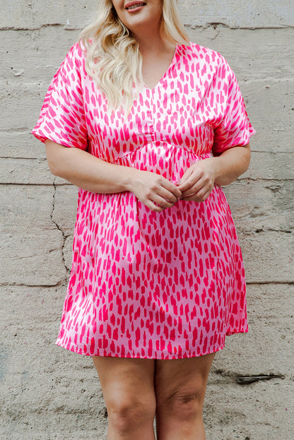 Pink Leopard Print V Neck Plus Size Mini Dress