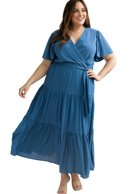 Green Plus Size Pleated Lace-up V Neck Wrap Maxi Dress