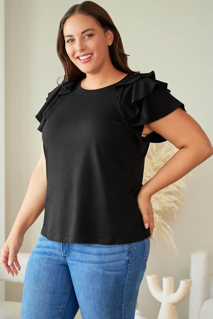 Black Solid Color Ruffle Tiered Sleeve Plus Size Tee