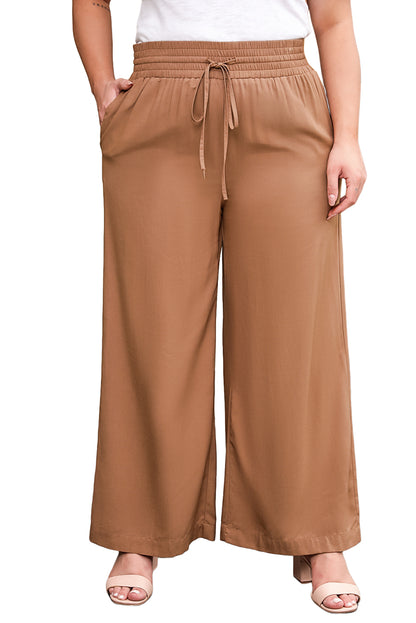 Brown Drawstring Smocked Waist Wide Leg Plus Size Pants