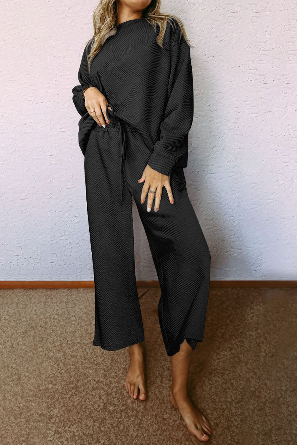 Black Ultra Loose Textured 2pcs Slouchy Outfit