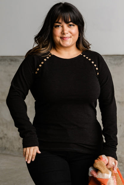 Black Plus Size Solid Buttons Long Sleeve Top