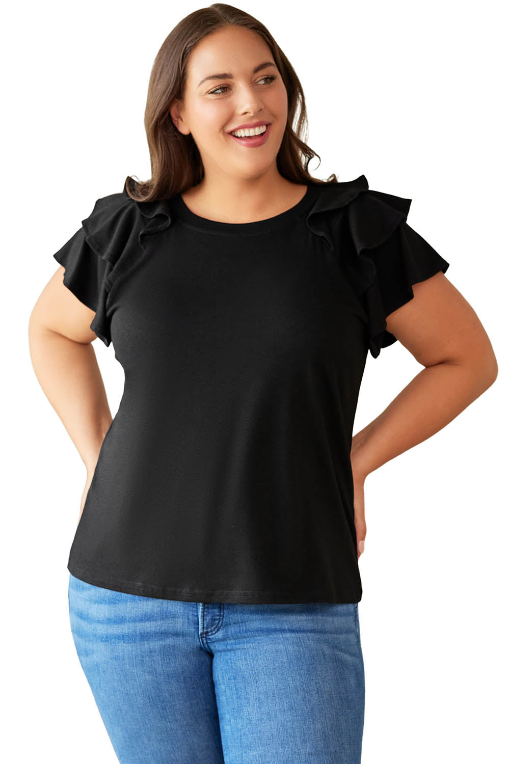 Black Solid Color Ruffle Tiered Sleeve Plus Size Tee