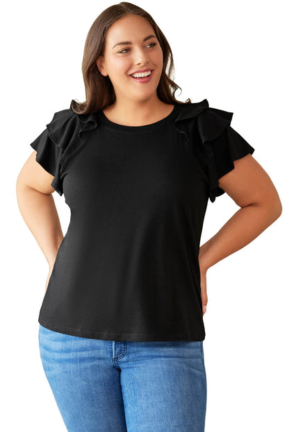 Black Solid Color Ruffle Tiered Sleeve Plus Size Tee