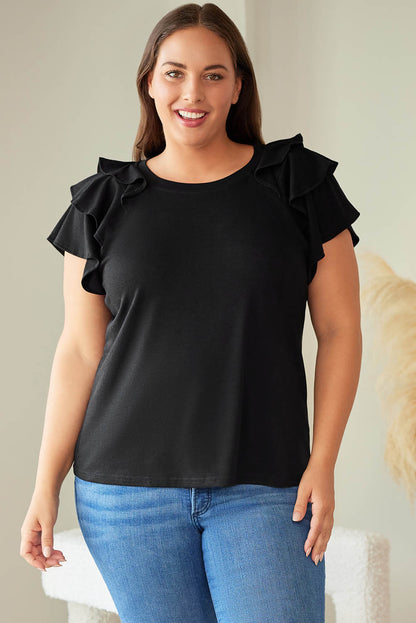 Black Solid Color Ruffle Tiered Sleeve Plus Size Tee