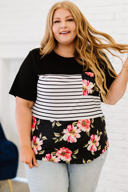 Black Plus Size Splicing Block Stripe Floral Short Sleeve Top