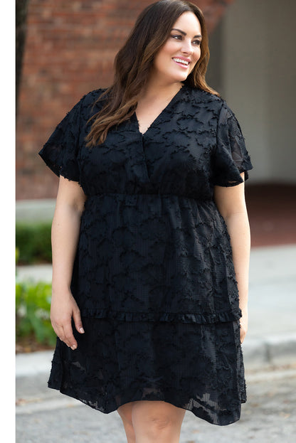 Black Floral Jacquard Flutter Sleeve Plus Size Mini Dress