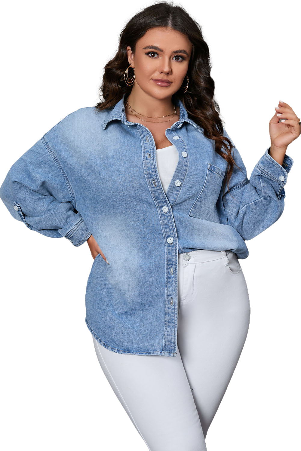 Sky Blue Plus Size Chest Pocket Button-Up Denim Shacket