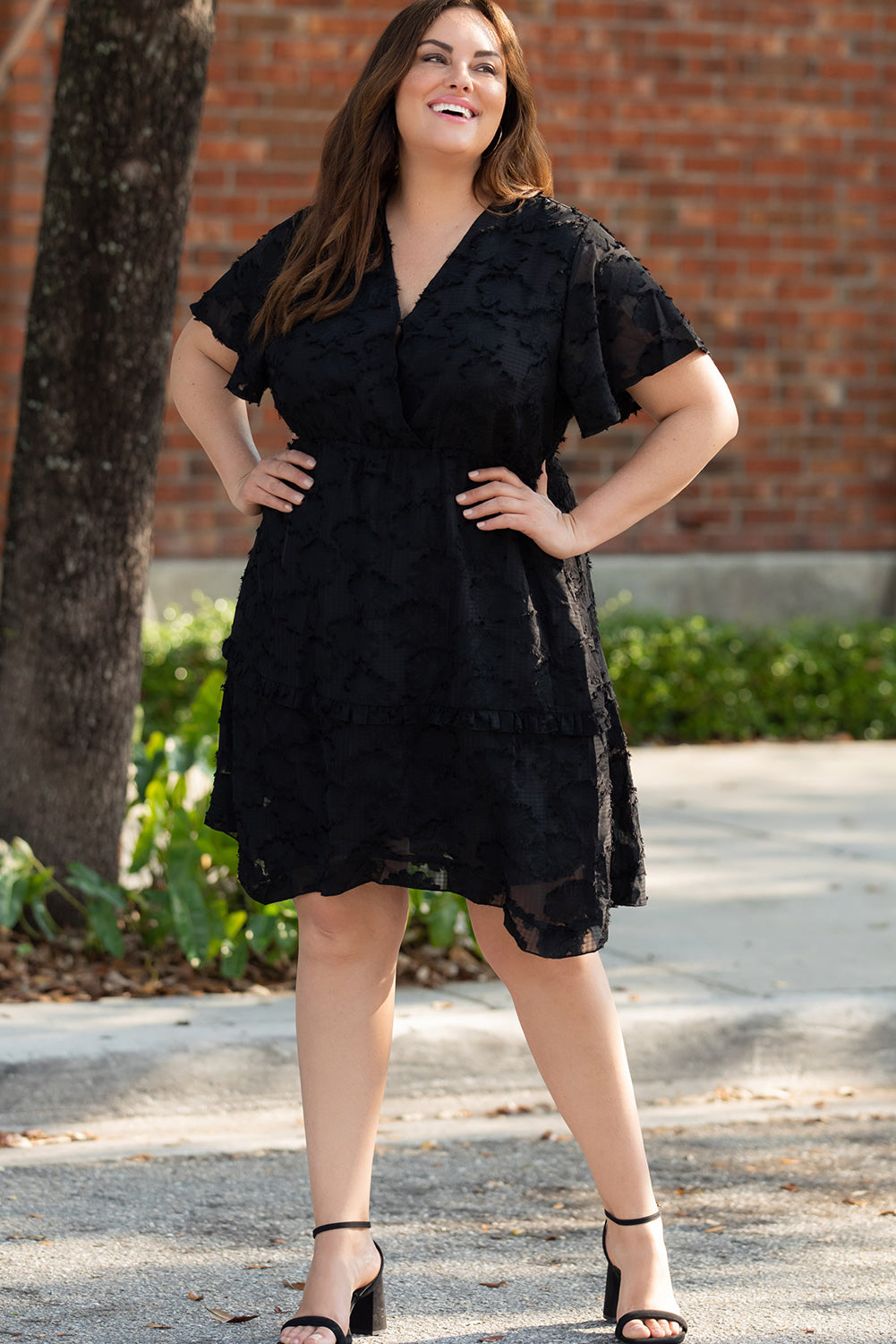 Black Floral Jacquard Flutter Sleeve Plus Size Mini Dress