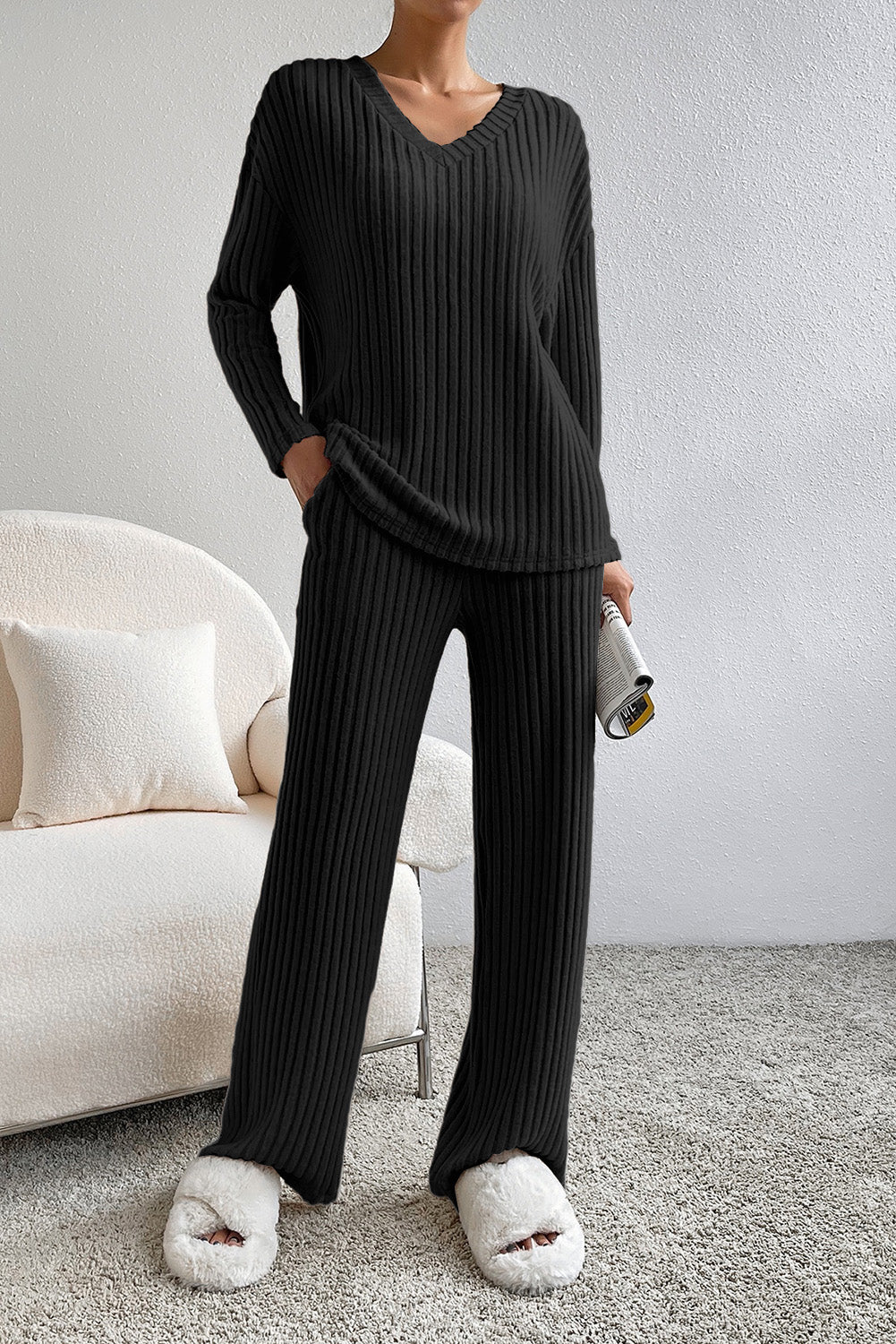 Black Ribbed Knit V Neck Slouchy Two-piece Outfit